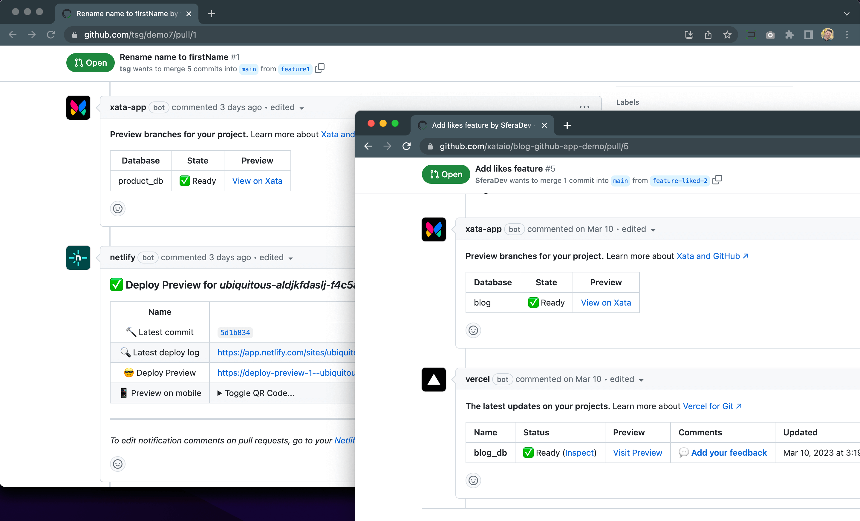 A screenshot of Vercel & Netlify integrations in GitHub